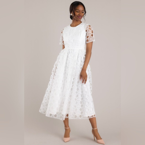 Just Me Dresses & Skirts - JUST ME LIFE’S PATHWAYS WHITE FLORAL EMBROIDERED MIDI FORMAL WEDDING DRESS